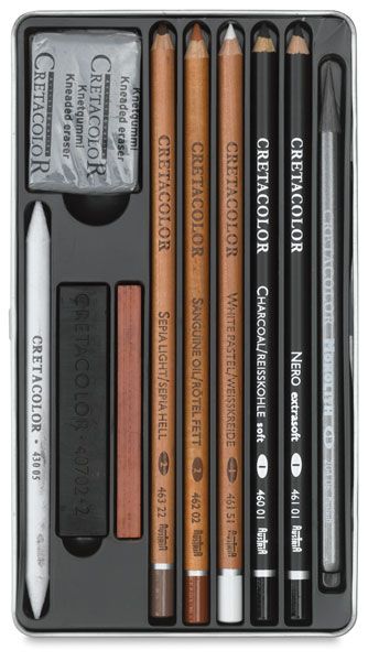 an assortment of different colored pencils in a black box