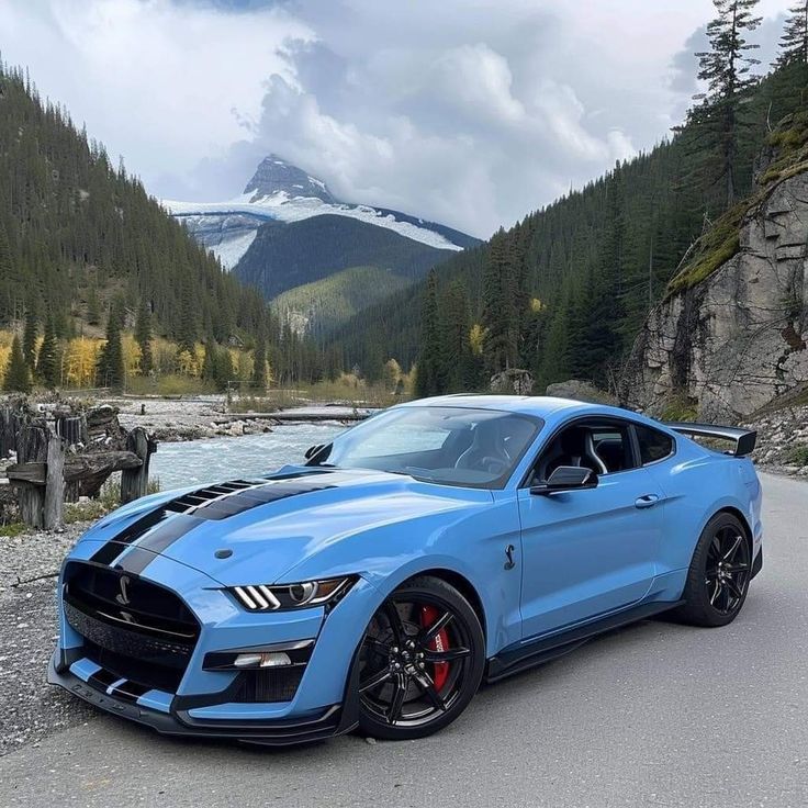 a blue mustang parked on the side of a road