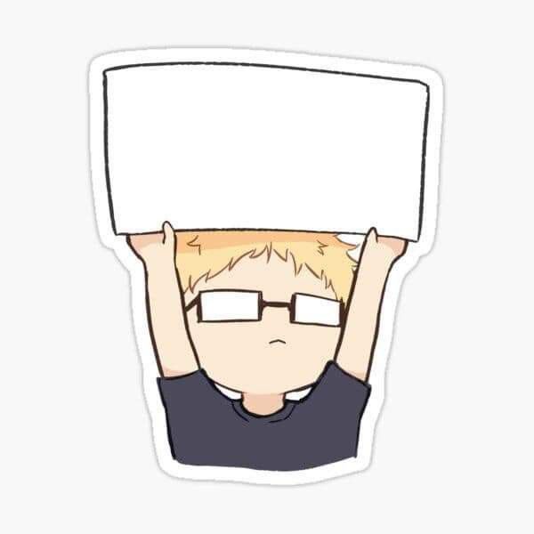 a sticker with a boy holding up a white board over his head and eyes