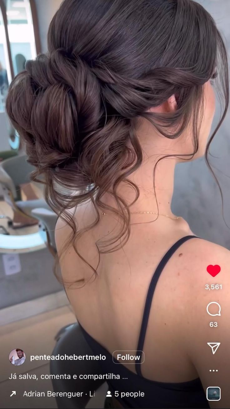 Prom Hairstyles For Medium Hair Bun, Low Formal Updo, Quinceanera Hairstyles Low Bun, Prom Hair Styles Bun, Updo For Ball, Wavy Updo Wedding, Fancy Bun Hairstyles Prom, Bridal Hairstyles Mid Length Hair, Ballgown Hairstyles Wedding