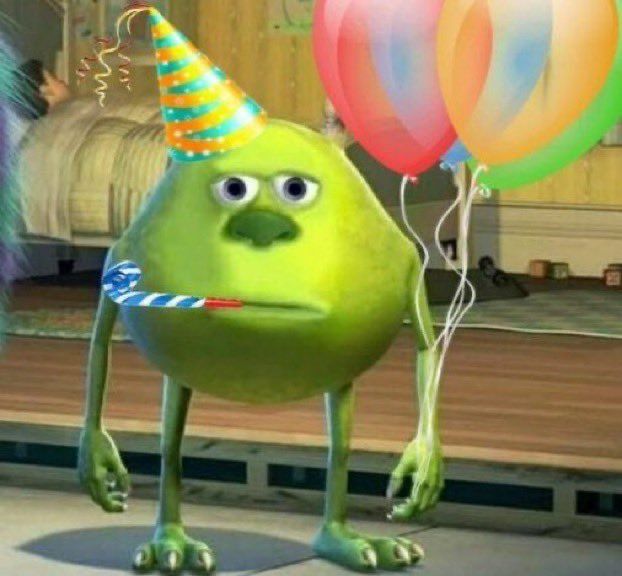 a cartoon character holding balloons and wearing a party hat