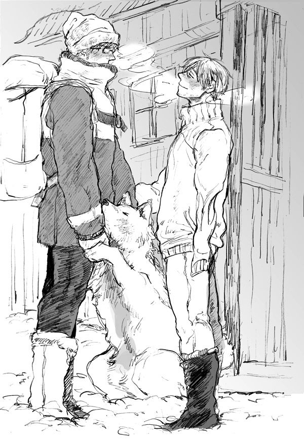 a drawing of two people and a dog