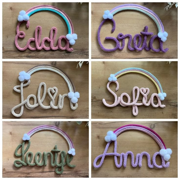 four different types of letters made out of yarn with pom poms on them