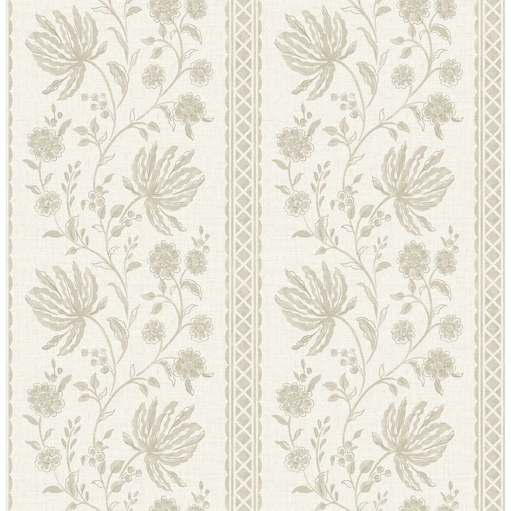 a white and beige wallpaper with flowers on the side, in an ornate pattern