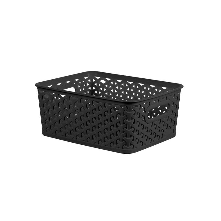 a black plastic basket on a white background