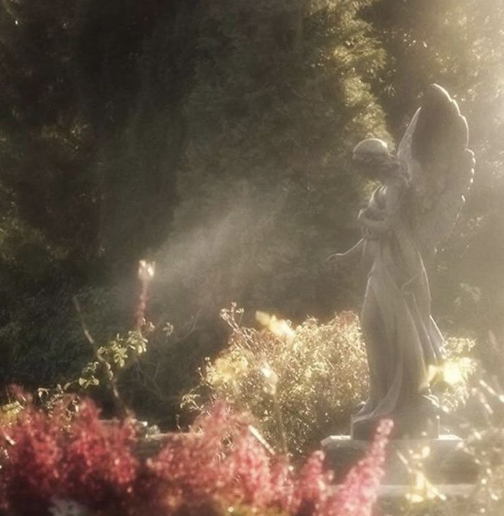 an angel statue is in the middle of some bushes and flowers with sunlight coming through