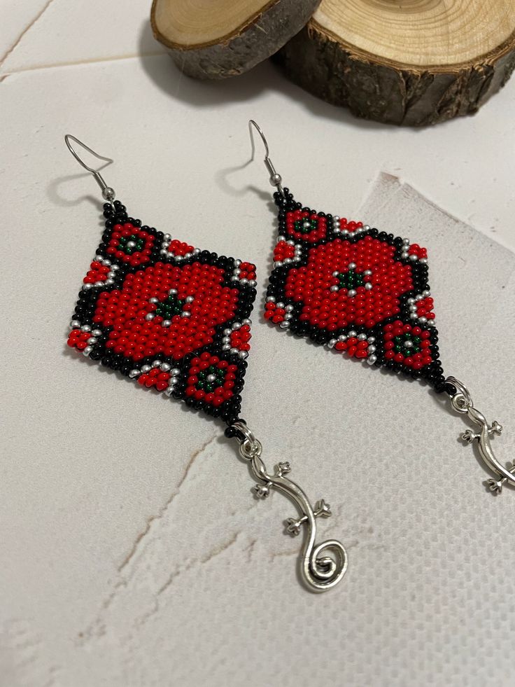 Flowers Earrings, Flower Red, Earrings Flower, Earrings Beaded, Earrings Red, Earrings Drop, Bead Earrings, Cute Earrings, Long Earrings