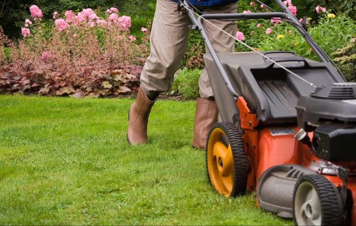 a man is mowing the grass in his yard with an electric lawnmower