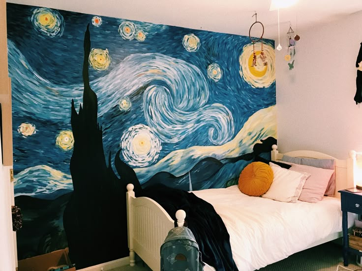 a bed room with a painting on the wall