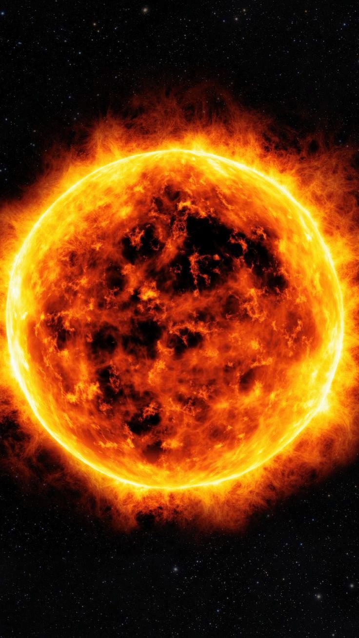 an image of a sun in the sky with bright orange flames and stars around it