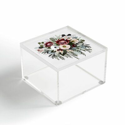 an acrylic box with flowers and leaves on the lid is shown in front of a white background