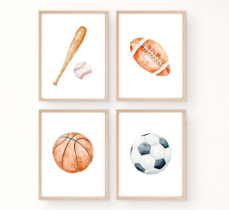 four watercolor paintings of sports balls and baseballs on white paper with wooden frames