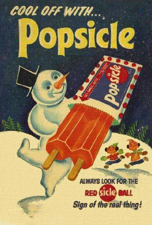 an advertisement for popsicle with a snowman holding a candy bar