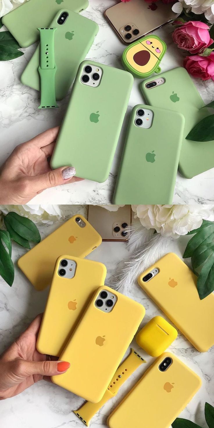 four iphone cases in different colors and designs, one is yellow the other is green