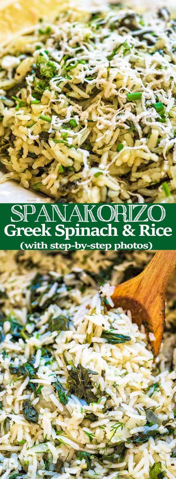 spinach and rice in a pan with a wooden spoon