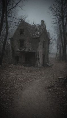 an old abandoned house in the woods on a dark and foggy day with no leaves