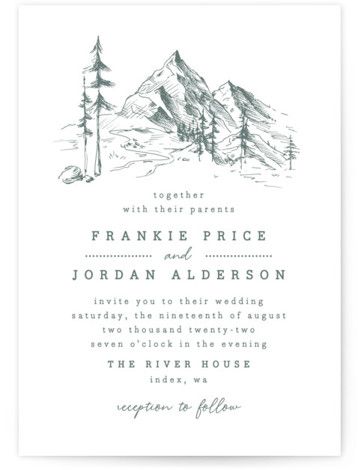 a wedding card with the mountains in black and white