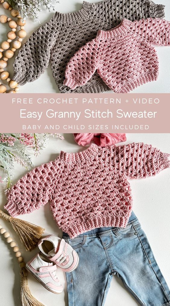 an easy crochet pattern for a baby's sweater and booties with text overlay that says, free crochet pattern video easy granny stitch sweater