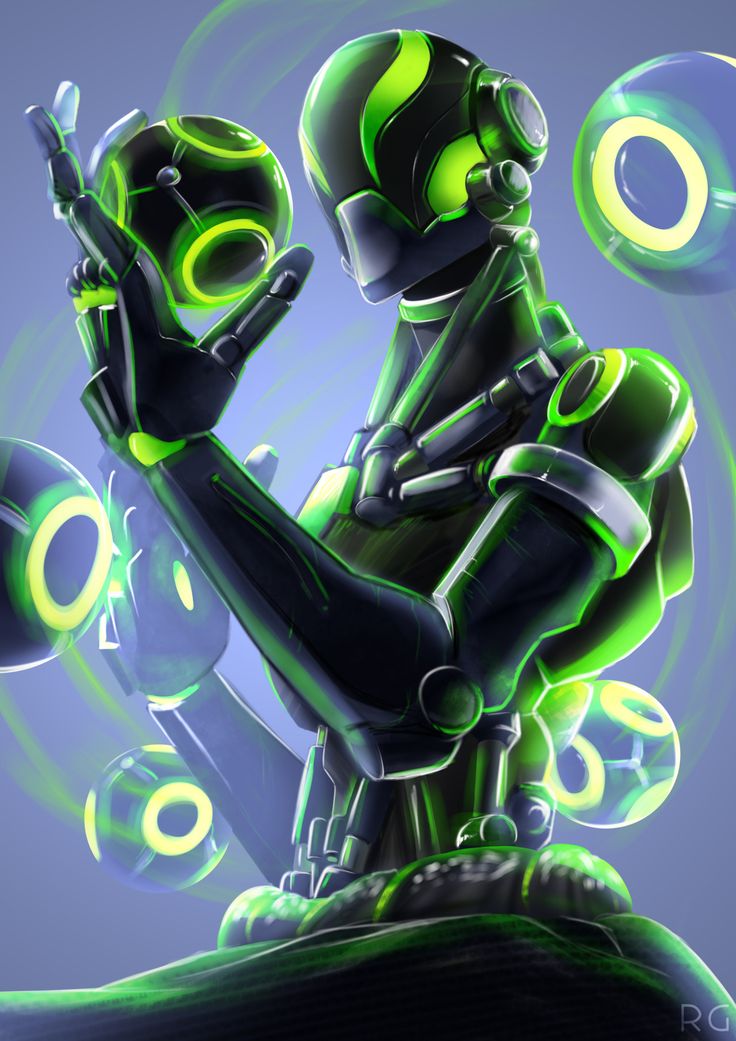 a green and black robot sitting on top of a blue surface with circles around it