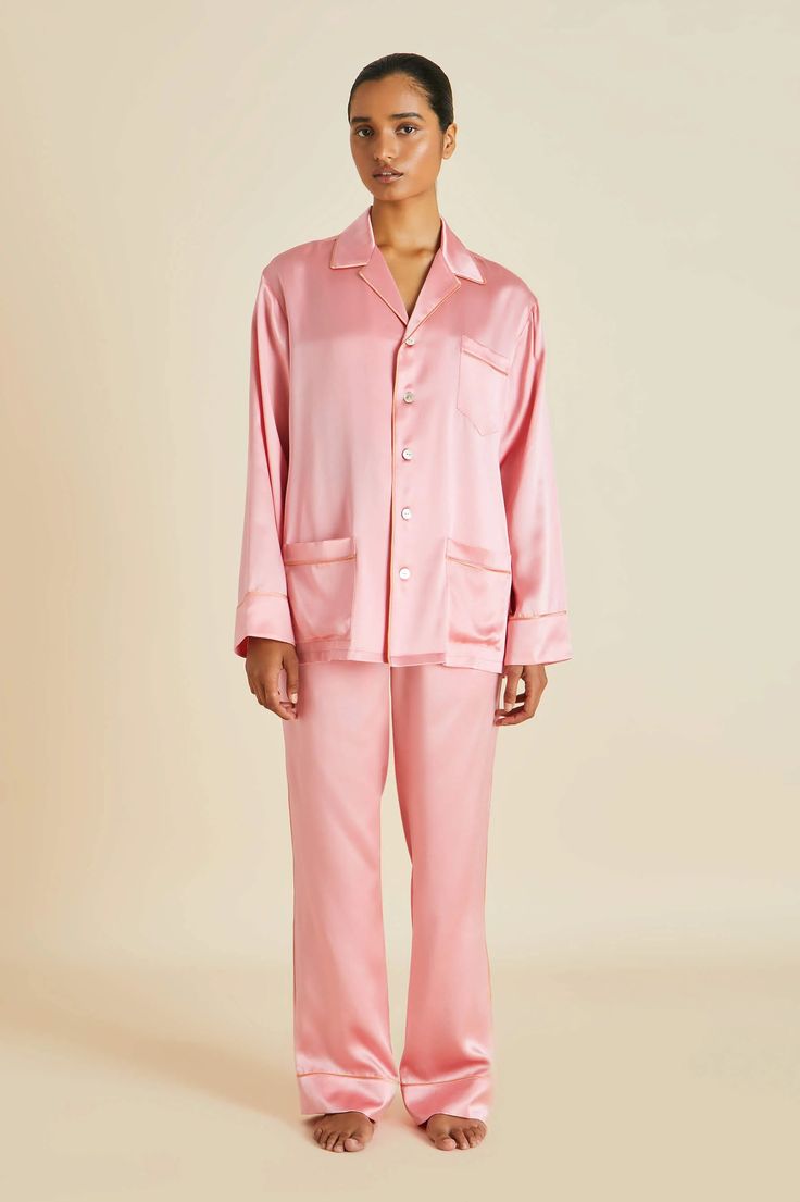 Olivia von Halle | Yves Pink Silk Satin Pajamas Pink Silk Pajamas, Silky Pajamas, Black Pajamas, Pyjama Satin, Silk Pajama Set, Satin Long Sleeve, Pajamas Comfy, Soft Pajamas, Satin Pyjama Set