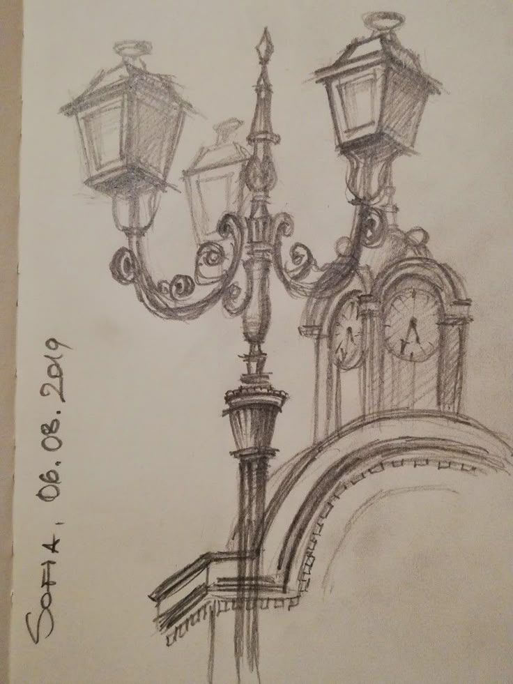 a pencil drawing of a street light and clock