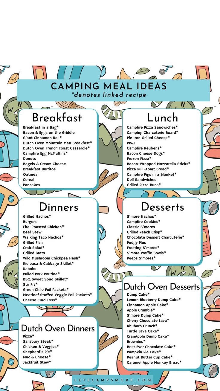 the camping meal menu is shown in blue and white