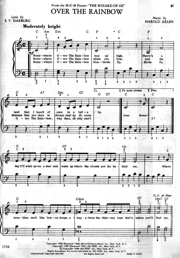 an old sheet music page with the words over the rainbow