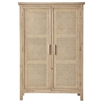 an old wooden cabinet with wicker doors and two drawers on one side, against a white background