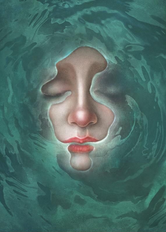 a painting of a woman's face with her eyes closed and water swirling around her