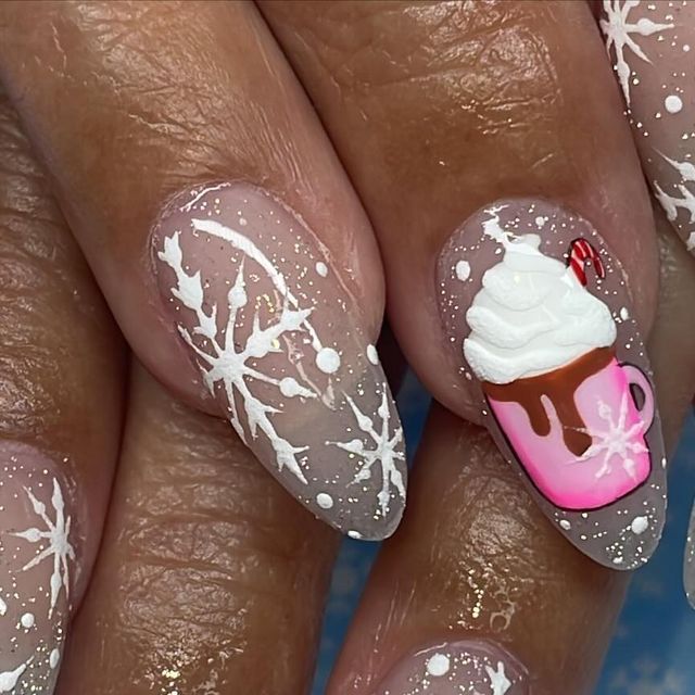 Anna Garcia on Instagram: "Cozy winter❄️ Using “Gotta Glisten” from the NAUGHTY OR NICE COLLECTION from @nailzbydevshop still available for pre-order!!! DC ANNA to save💸✨💗 #winternails #christmasnails #winternailart #snowflakenails #snowman #hotchocolate #nailart #ocnails #ocnailtech" Hot Cocoa Nails Design, Hot Chocolate Nail Art, Hot Coco Nails, Hot Chocolate Nails, Anna Garcia, Snowman Nail Art, Coco Nails, Pretty Fingers, Snowman Nails