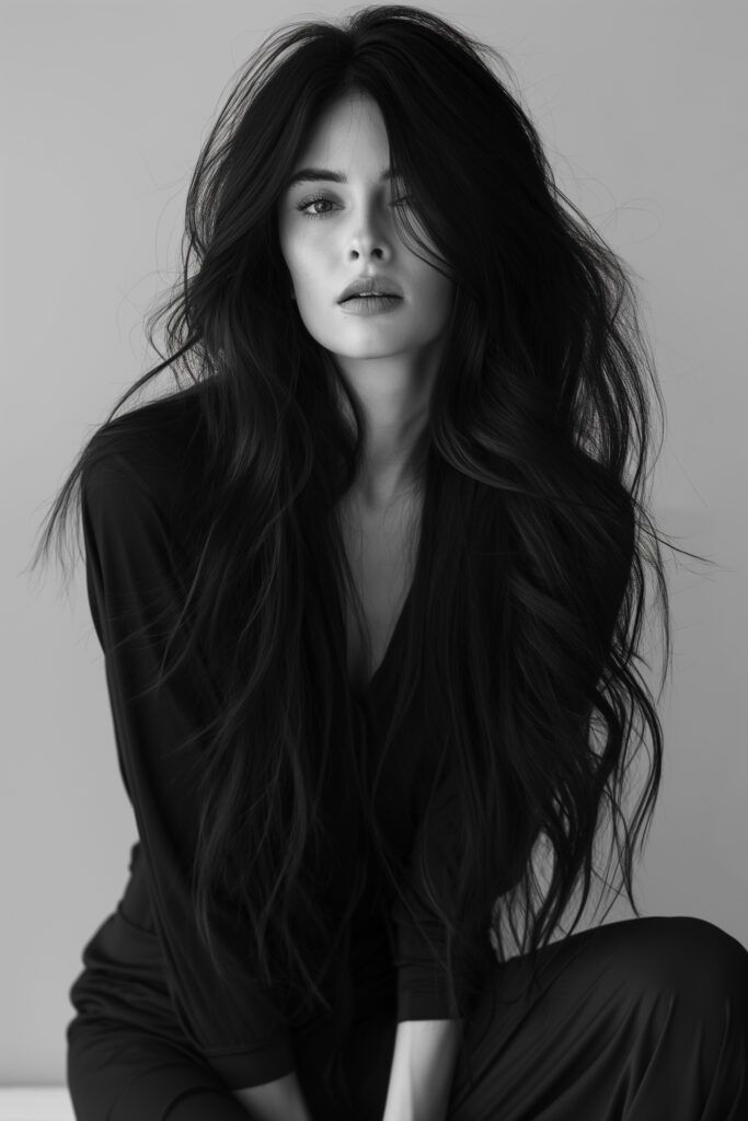 a woman with long hair sitting on the floor wearing black pants and a black shirt