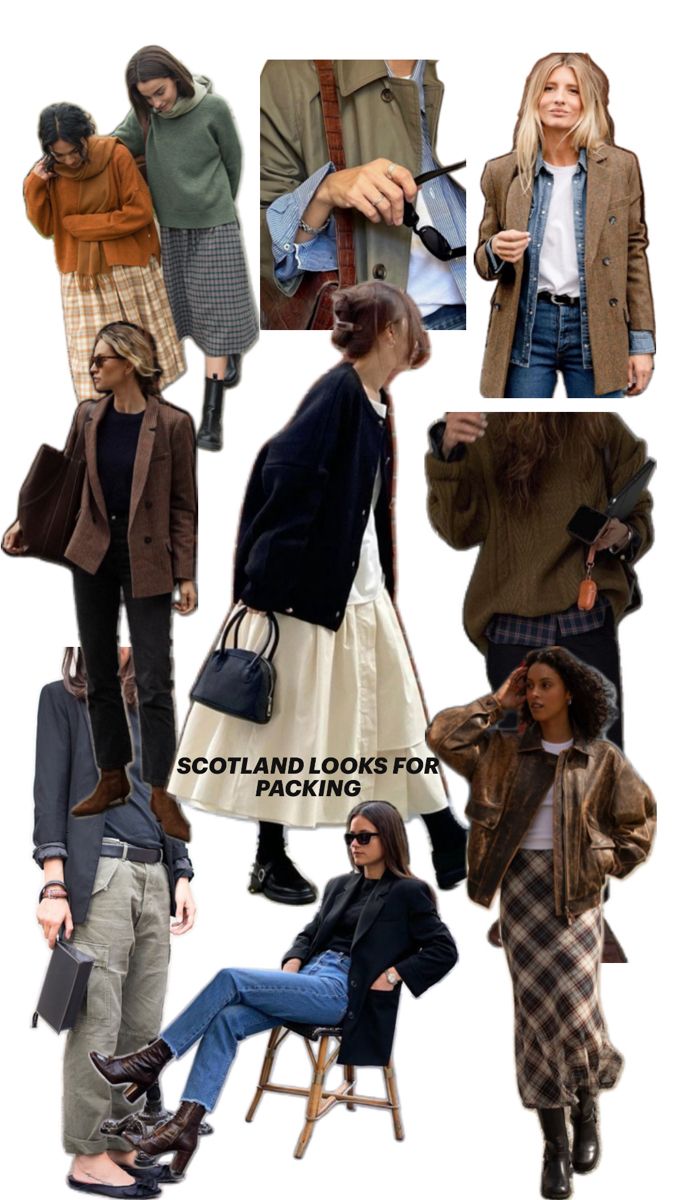 Scotland looks for packing Autumn Scotland Outfit, New Hampshire Aesthetic Outfits, Trip To Scotland Outfits, Edinburgh Trip Outfits, Edinburgh Autumn Outfit, Scotland Fashion Spring, Scotland Style Fashion, Irish Fall Outfits, Edinburgh Winter Fashion