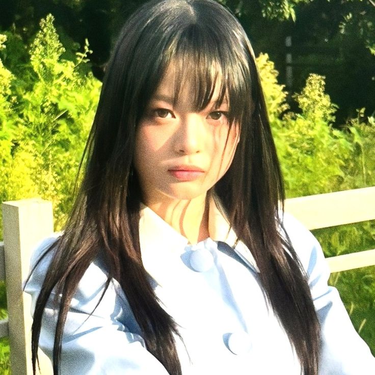 a woman with long black hair standing in front of a wooden fence and bushes, looking at the camera