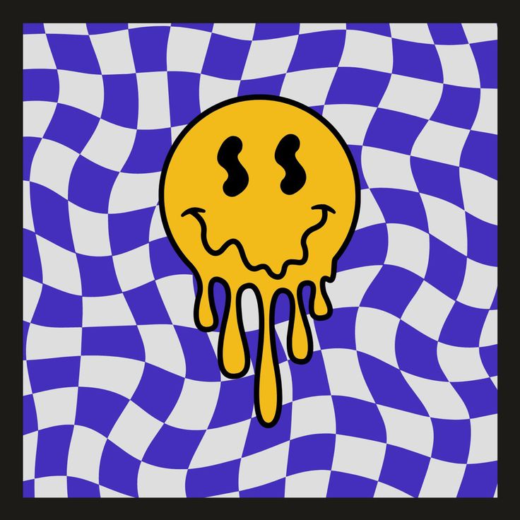 a yellow smiley face dripping down on a blue and white checkered background with black circles