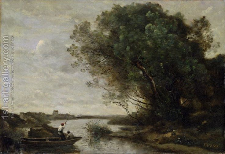 a painting of a man in a boat on a river