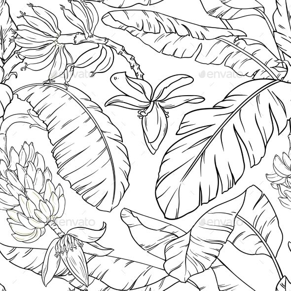 a black and white drawing of tropical plants