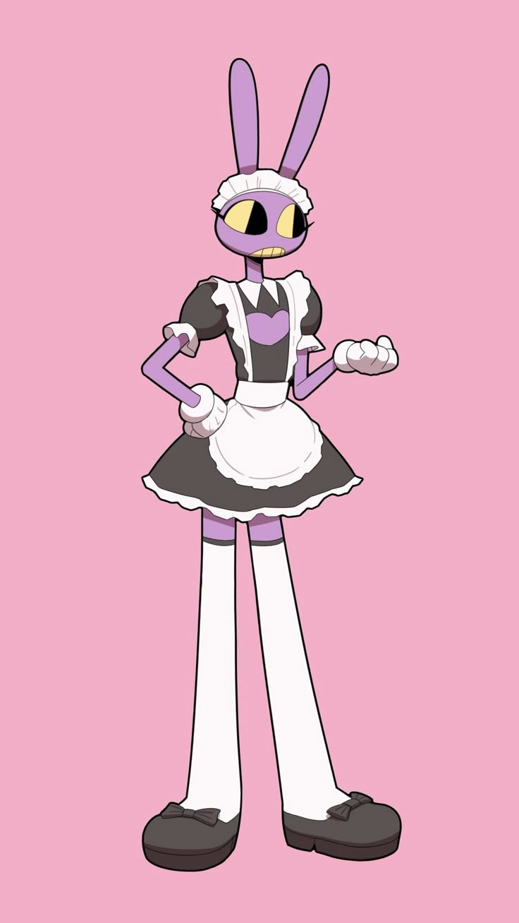 a cartoon character wearing an apron and dress with rabbit ears on her head, standing in front of a pink background