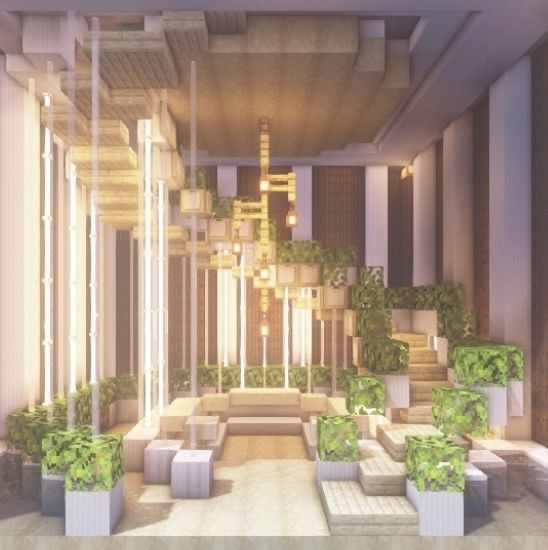 a room filled with lots of potted plants next to tall pillars and stairs in front of windows