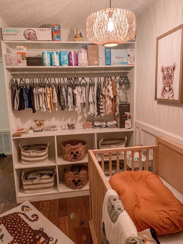 Storage, baskets, closet, natural Closet Crib Nursery, Hanging Clothes Without A Closet Nursery, Nursery Without Closet Ideas, Clothes Storage With No Closet, No Closet Nursery Ideas, Closet With Cubbies, Nursery Without Closet, Nursery With No Closet, Closet Nursery Ideas Walk In