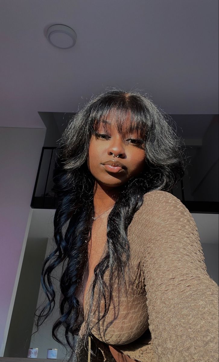 Sew In With Fringe Bangs, Wispy Bangs Sew In, Wispy Bangs Wig Black Women, Fringe On Black Women, Bouncy Bangs Hairstyle, Body Wave Bangs, Fringe Weave Black Women, Wig With Fringe Black Woman, Middle Part Fringe Bangs