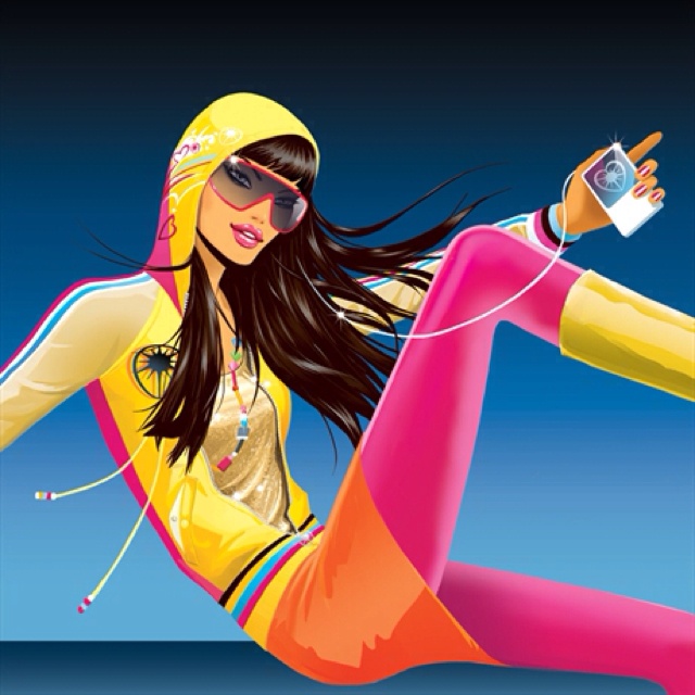 a woman in yellow is dancing with headphones and holding a cell phone to her ear