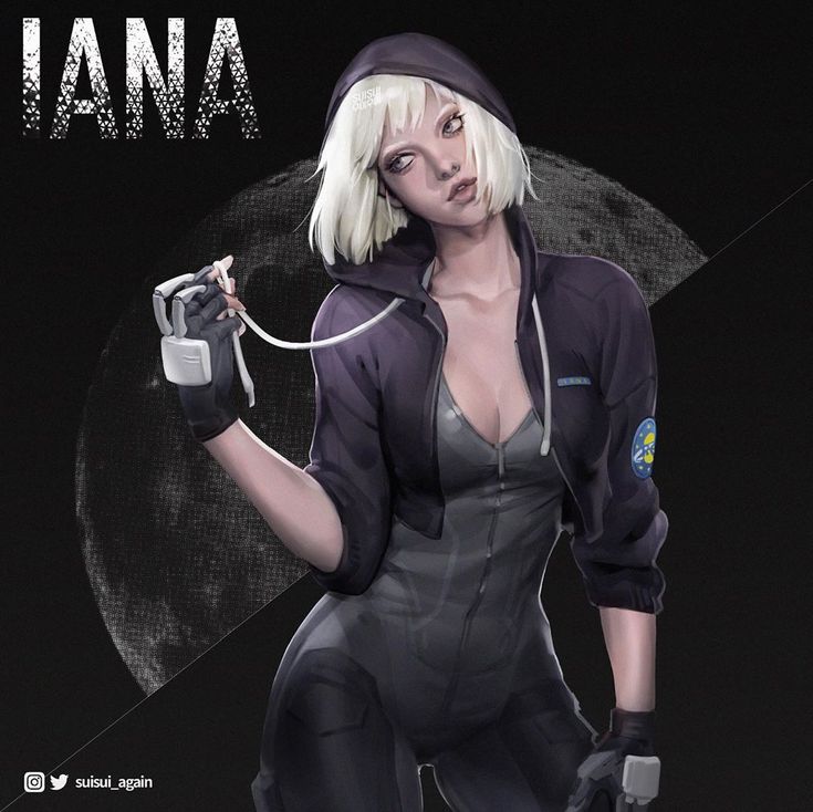 a woman with white hair and black clothes holding a cell phone in one hand while standing next to a full moon