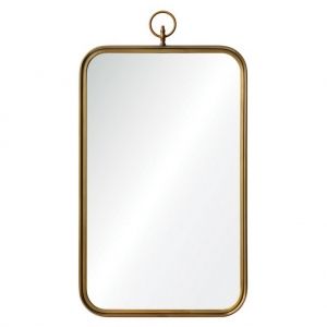 a gold framed mirror hanging on a rope with a loop around the edge and an oval frame