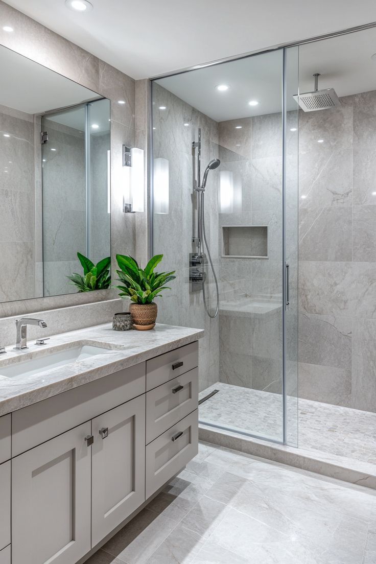 a bathroom with two sinks, a shower and a plant in the middle of it