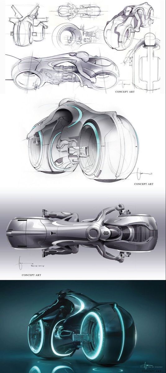 the futuristic vehicle is shown in three different views, and it appears to have been designed by