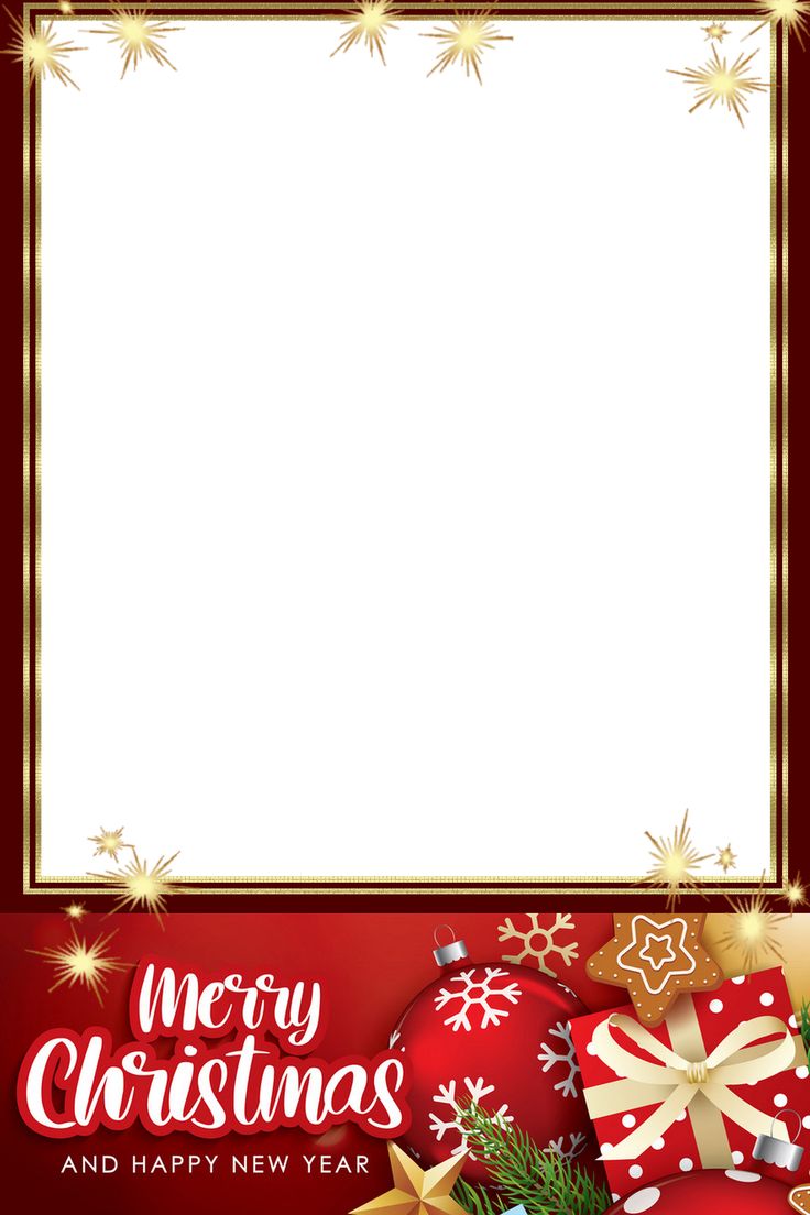 a red and gold christmas card with presents on the bottom, and an empty space in the middle