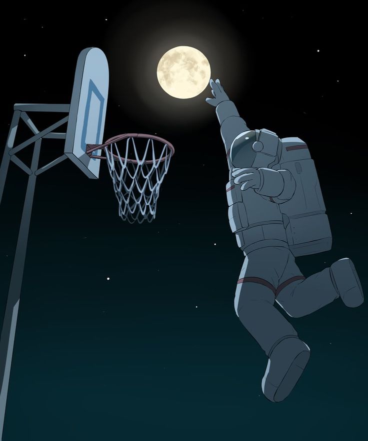 an astronaut is playing basketball in the night sky with his arms out and feet up