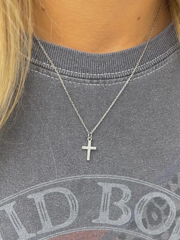 Silver Crystal Cross Necklace- Waterproof - Themasonboutique Small Silver Cross Necklace, Silver Cross Necklace Woman, Pearl Cross Necklace, Delicate Silver Necklace, Silver Cross Necklace, Crystal Cross, Graphic Tee Dress, Workout Routines, Silver Crystal