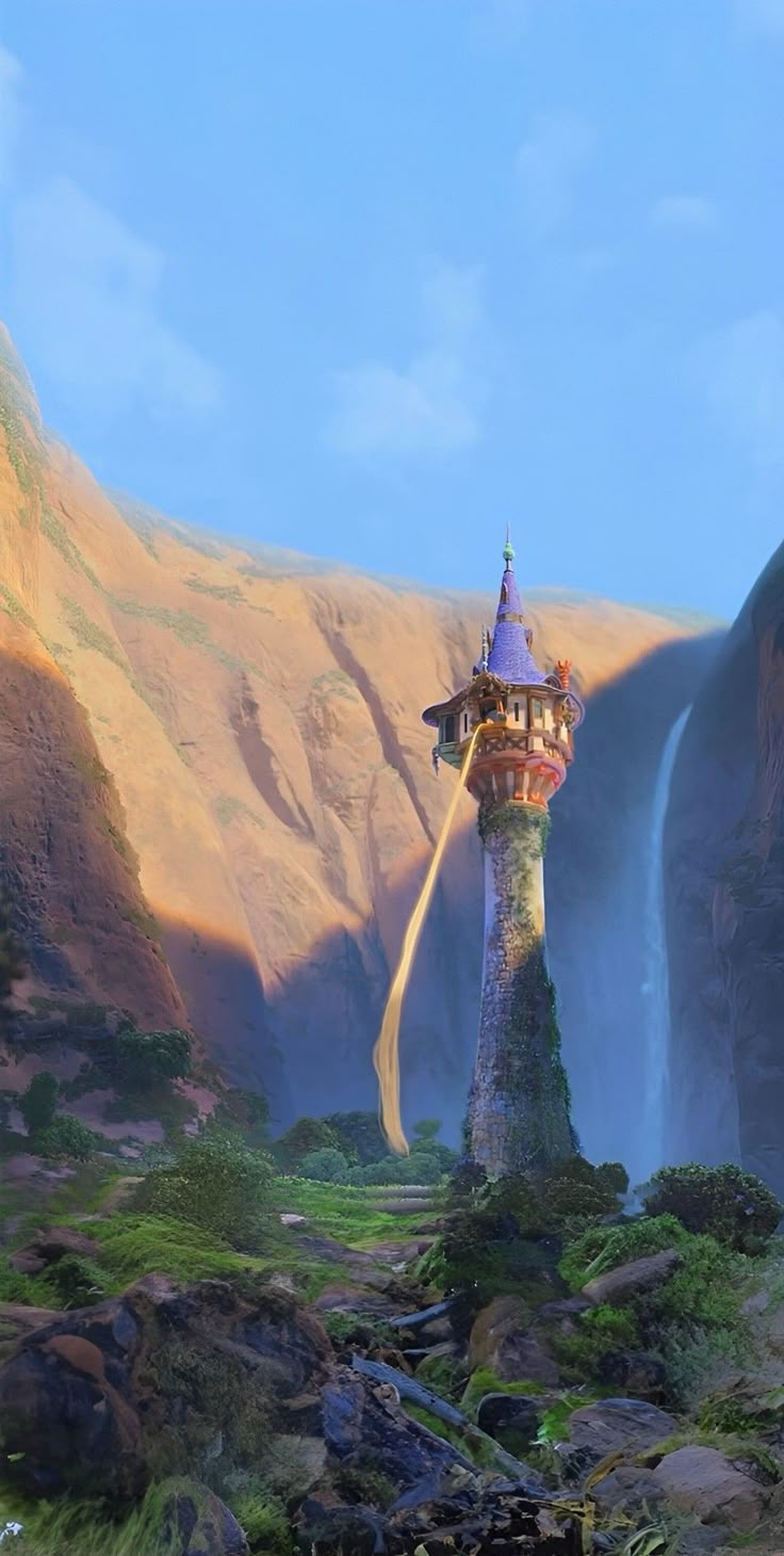 an artistic rendering of a tower in the middle of a mountain range with waterfalls