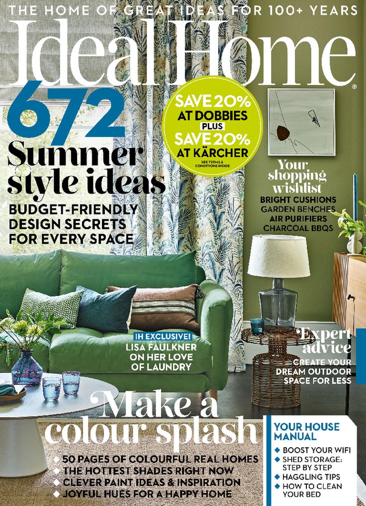 a magazine cover with green furniture and decor